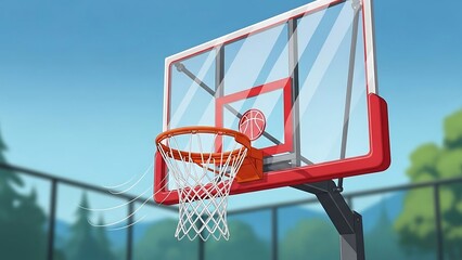 Outdoor basketball hoop with red backboard.