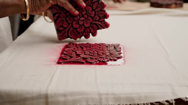Elderly Hands Apply Deep Red Ink Block Print To Natural Linen Fabric Close Up In Natural Lighting Overhead Shot