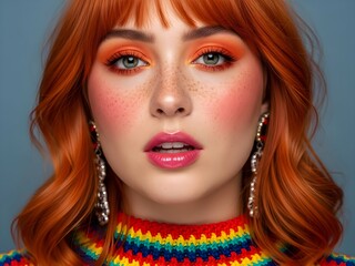 Fototapeta premium A vibrant close-up studio portrait captures an energetic young woman showcasing striking orange eyeshadow and a colorful rainbow sweater against a cool blue background.
