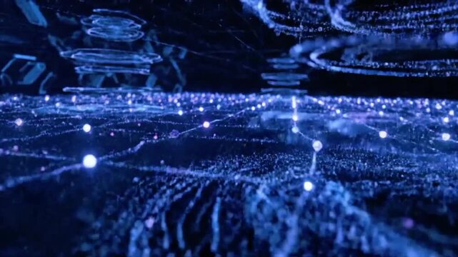 Digital wavy landscape with binary code moving, glowing neon style, binary data background, blue color, seamless loop animation