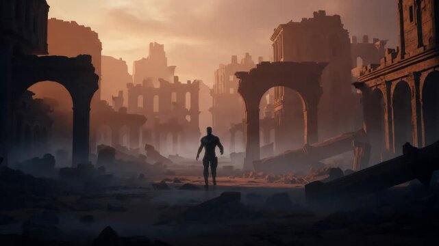 Abandoned city ruins with glowing eyes watching a man from a dark, foggy background. Sci-fi surveillance and paranormal presence concept.