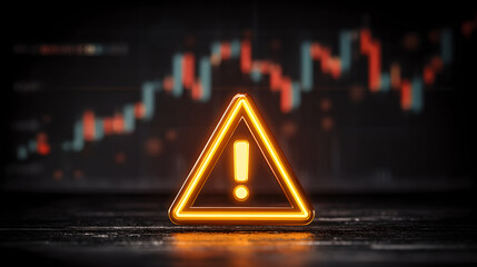 Glowing orange warning triangle alert icon over volatile stock market data chart
