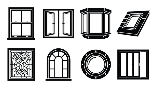 Variety of windows illustration. Includes arched, bay, skylight, and stained glass window designs in black and white.