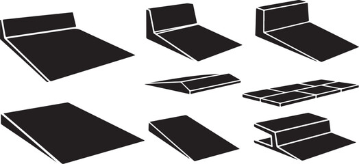 Black and white skateboard ramp illustrations in various angles