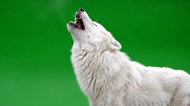 White Wolf Howling on Green Background.