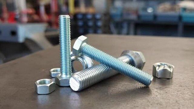 Bolts and Nuts on a Metal Surface: Industrial Fasteners for Construction and Engineering