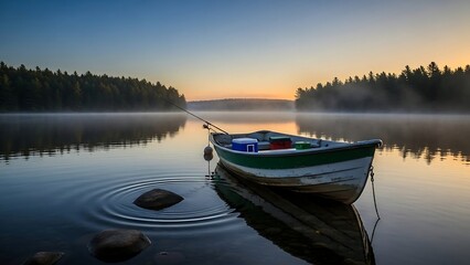 Small boat on calm lake water.