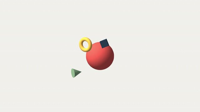 Procedural orthographic animation of a matte geometric mobile. Rotating spheres, cones, and cubes loop in a flat 3D void. Minimalist Bauhaus design with smooth orbital motion. Seamless 4K UHD loop.