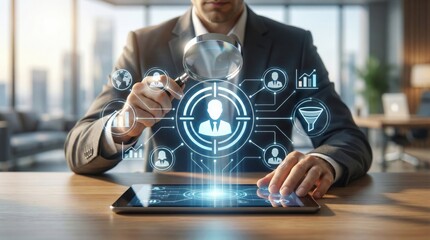 Businessman using magnifying glass on digital tablet to analyze customer data,target audience and human resource analytics