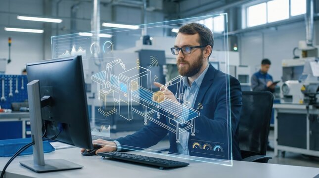 Engineer working in smart factory environment,using futuristic interface to operate robotic arms on automated production line,modern industrial manufacturing