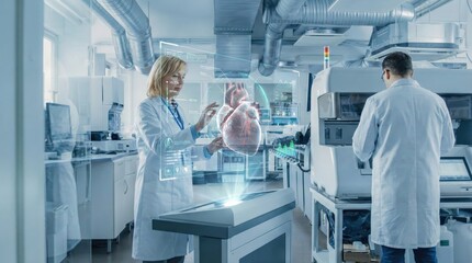 Obraz premium Futuristic medical research lab using augmented reality to study human heart anatomy,doctors analyzing 3D holographic cardiovascular diagnostics