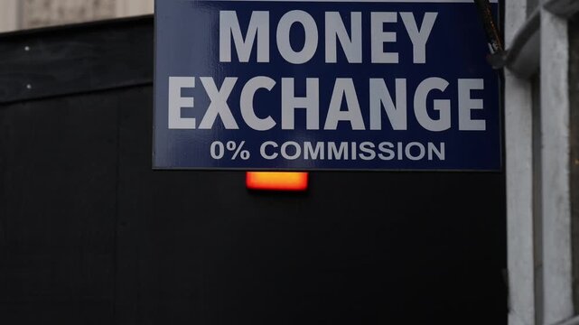 Money exchange 0% commission sign, establishing shot