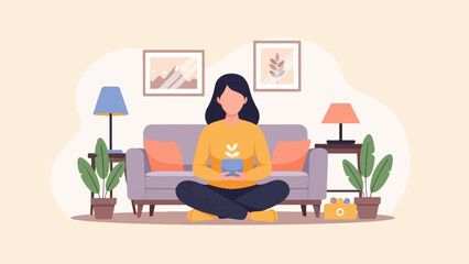 Fototapeta premium Person sitting cross-legged in living room holding a potted plant