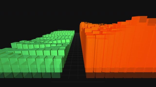 Seamless loop of a 3D financial order book canyon. Green buy walls and jagged red sell cliffs visualize market spread and bearish pressure. Procedural geometric data visualization for trading concepts