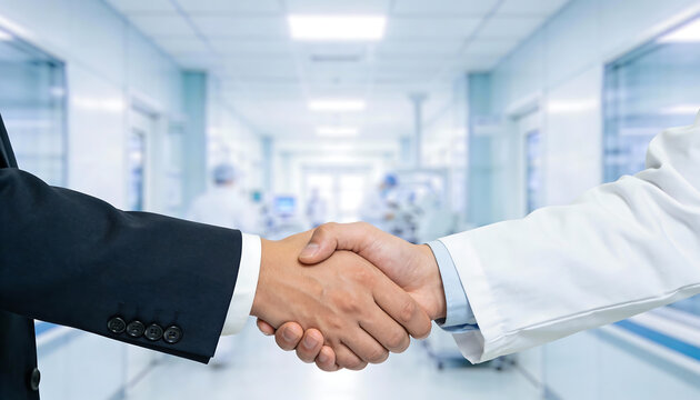 Closeup handshake between doctor in lab coat and business partner in modern hospital corridor healthcare collaboration agreement medical service partnership concept