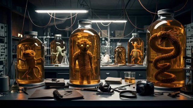 Laboratory table with an alien creature and a snake in large jars, investigation of unknown specimens and scientific research