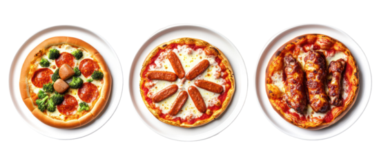 Three delicious pizzas on transparent background