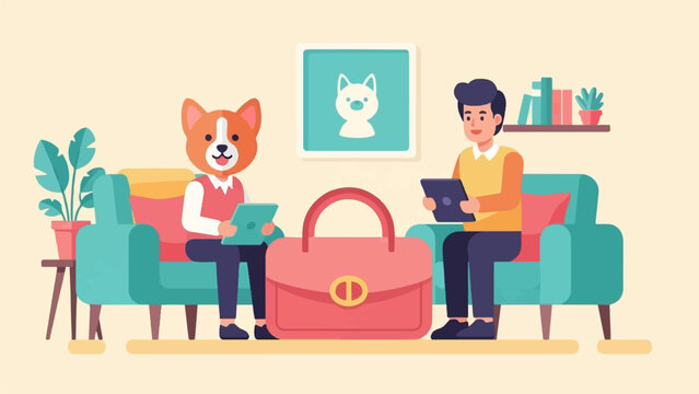 Person and anthropomorphic dog sit on sofas, each holding a tablet device