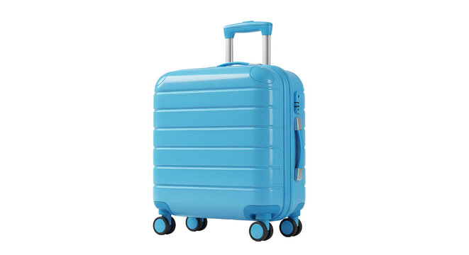 Blue hard shell carry on luggage with retractable handle and wheels