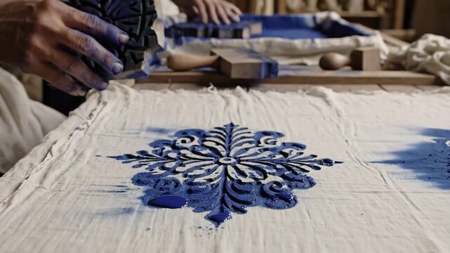 Artisan Hands Apply Deep Blue Ink With Intricate Wood Block Stamp Creating Decorative Floral Pattern On Textured White Fabric In Warm Natural Light Overhead View