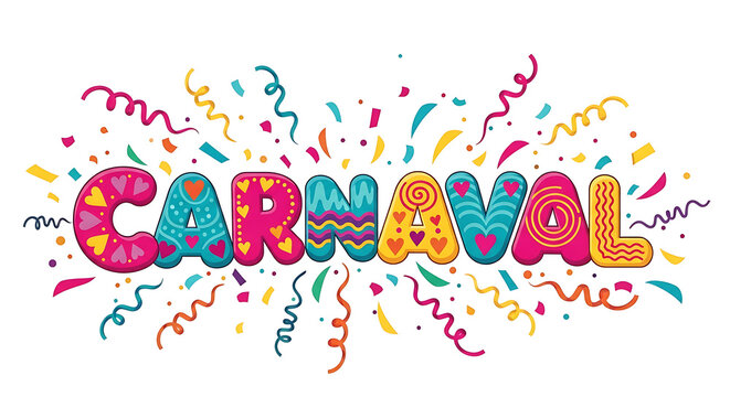 Brazilian Carnival. Word written in Portuguese: Carnaval (Carnival) with flashes of fireworks and colorful confetti. Festive emblem, banner, poster, greeting card and invitation to a Carnival party.