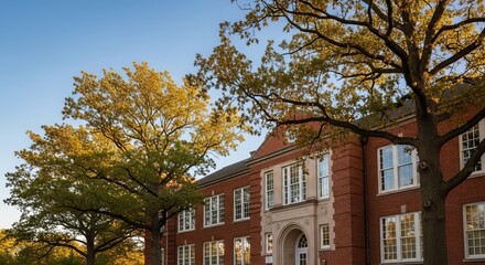 Classic red brick school building facade with autumn trees against a clear sky, embodying the Knowledge Day concept of education and growth