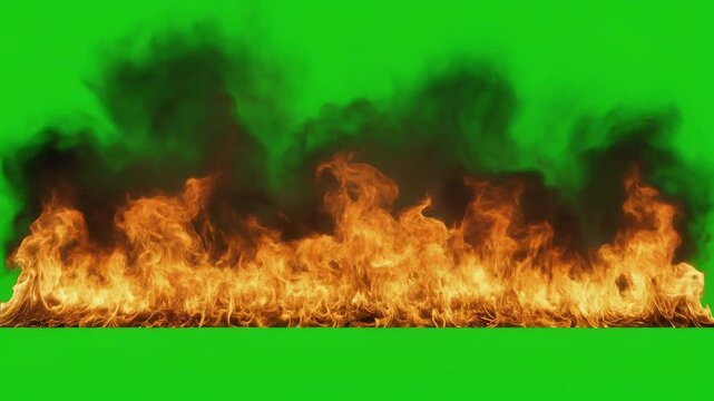 Wide wall of realistic fire flames and thick black smoke burning on green screen background
