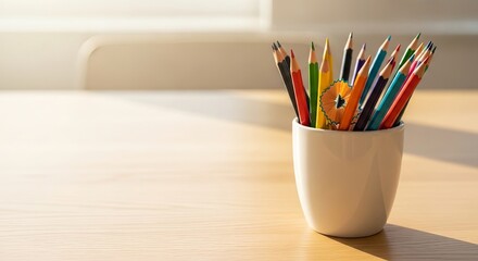 Obraz premium Colorful pencils standing brightly in a white cup on a wooden desk, symbolizing creativity and readiness for Knowledge Day concept