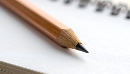Sharp pencil rests on an open, spiral-bound notepad. Close-up composition