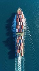 Aerial Top-Down View of Large Container Cargo Ship