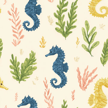 Seamless Cute Seahorse and Seaweed Pattern on Cream Background, Pastel Ocean Nursery Illustration