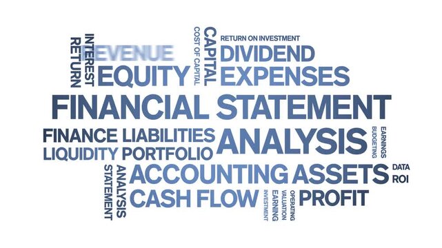 Financial Statement Analysis animated word cloud-text design animation tag kinetic typography seamless loop.