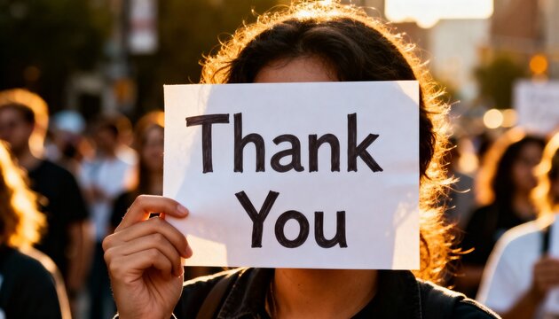 Background image of a person holding a sign that says Thank You in a crowd at sunset, copy space, conceptual.