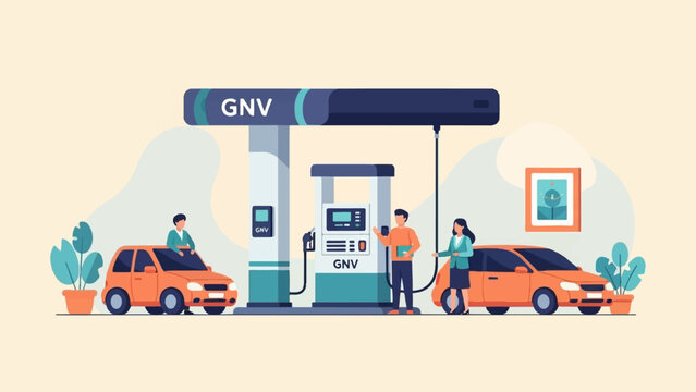 People refuel orange cars at a GNV station with modern minimalist design