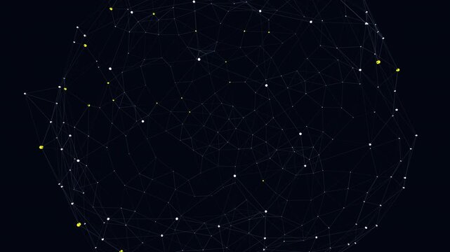 Rotating sphere of connected nodes representing a decentralized financial network. Gold data points pulse on a procedural mesh, creating a seamless loop for fintech, blockchain, and global economy.