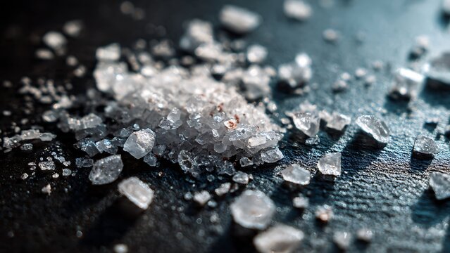 Macro Texture of Coarse Sea Salt Crystals on Dark Surface