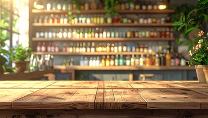 An empty wooden counter, with the shelves of a summer drinks shop as a blurry backdrop.