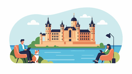 Naklejka premium People relax by lake with castle backdrop