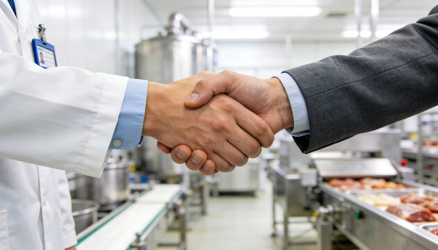 Close up handshake between quality inspector in lab coat and business manager in food processing factory partnership agreement for safety compliance
