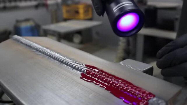 Applying dye penetrant to a weld and using a UV light to check for cracks, a welding quality check