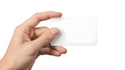 Obraz premium Hand holding blank white business card mockup isolated on transparent background, png