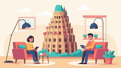 Naklejka premium People relax indoors near a stylized tower, engaging with technology