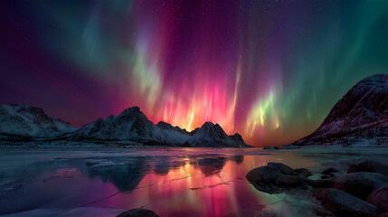 オーロラと山々の美しい風景
