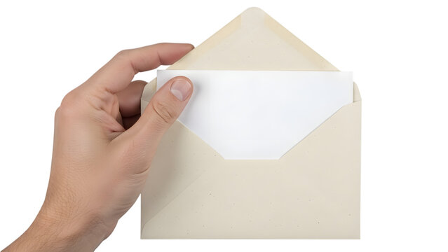 Hand holding open envelope with blank card isolated on transparent background, png