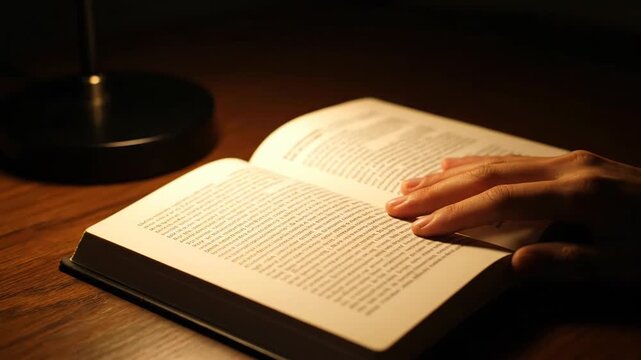 Person Reading Book Under Desk Lamp Light.