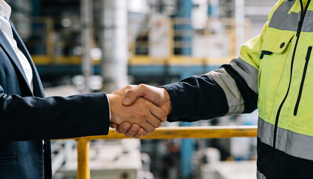 Close up handshake between factory worker in high visibility jacket and corporate manager partnership agreement in industrial manufacturing plant
