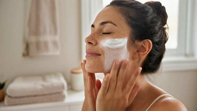 Calming morning skincare routine woman applying face cream natural beauty wellness