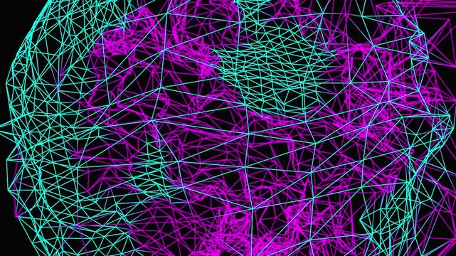 3D wireframe encryption core distorting from malware injection. Floating hexadecimal glyphs orbit a spinning digital sphere. Seamless loop, black background, cyan and magenta procedural data.