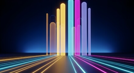 3D Render of Abstract Neon Glowing Vertical Pillars and Light Rays on Dark Reflective Background