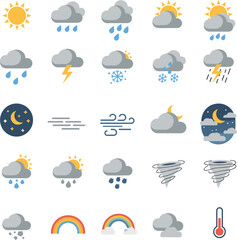 Obraz premium Comprehensive weather icon set featuring sun rain clouds snow lightning rainbow thermometer and storm symbols for mobile app interface design.